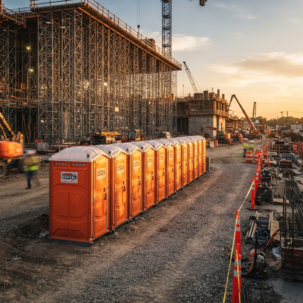 Row of clean portable toilets set up at a construction site in Little Rock, AR